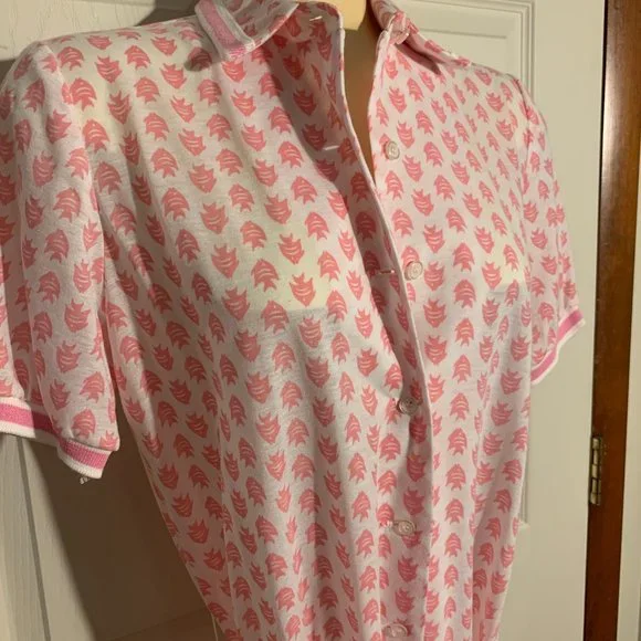 Vintage 1970s Shirt Dress Size Large Pink Fish Pattern Mid Calf Tie Waist - Picture 6 of 8